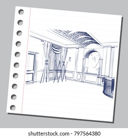 Graphic drawing with abstract interior of the hall. The diary sheet with the sketch. Suitable for invitation, flyer, sticker, poster, banner, card, label, cover, web. Vector illustration.