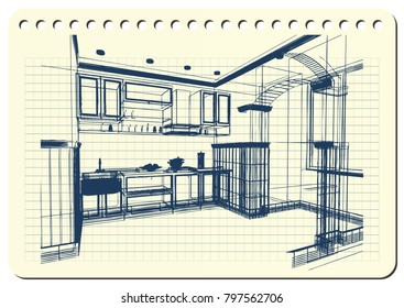 Graphic drawing with abstract interior of the kitchen . The diary sheet with the sketch. Suitable for invitation, flyer, sticker, poster, banner, card, label, cover, web. Vector illustration.