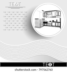 Graphic drawing with abstract interior of the kitchen. Rounded template with sketch. Suitable for invitation, flyer, sticker, poster, banner, card, label, cover, web. Vector illustration.