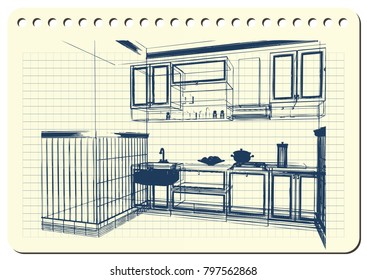 Graphic drawing with abstract interior of the kitchen . The diary sheet with the sketch. Suitable for invitation, flyer, sticker, poster, banner, card, label, cover, web. Vector illustration.