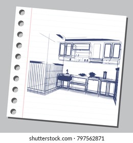 Graphic drawing with abstract interior of the kitchen . The diary sheet with the sketch. Suitable for invitation, flyer, sticker, poster, banner, card, label, cover, web. Vector illustration.