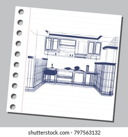 Graphic drawing with abstract interior of the kitchen . The diary sheet with the sketch. Suitable for invitation, flyer, sticker, poster, banner, card, label, cover, web. Vector illustration.