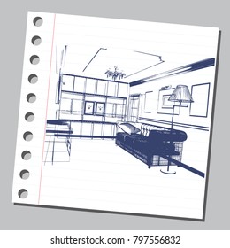 Graphic drawing with abstract interior of the living room . The diary sheet with the sketch. Suitable for invitation, flyer, sticker, poster, banner, card, label, cover, web. Vector illustration.