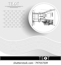 Graphic drawing with abstract interior of the living room. Rounded template with sketch. Suitable for invitation, flyer, sticker, poster, banner, card, label, cover, web. Vector illustration.