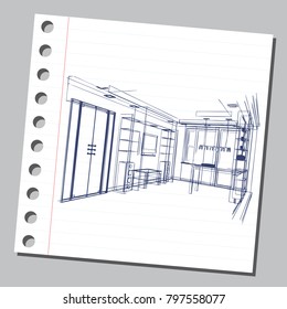 Graphic drawing with abstract interior of the living room . The diary sheet with the sketch. Suitable for invitation, flyer, sticker, poster, banner, card, label, cover, web. Vector illustration.