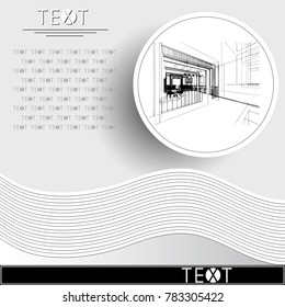 Graphic drawing with abstract interior. Rounded template with sketch of cafe (restaurant). Suitable for invitation, flyer, sticker, poster, banner, card, label, cover, web. Vector illustration.