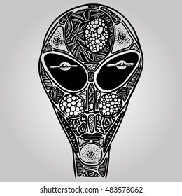 Graphic drawing alien. Vector. Handmade. UFO enthusiasts. It can be used in the design of packaging, brochures, logos, etc.