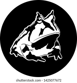 Graphic drawing. Amazonian horned frog in a black circle. Vector