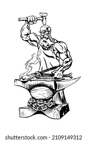 Graphic drawing blacksmith who works and hammer an anvil  Black   white traced image 