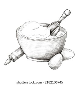 Graphic drawing of a bowl of flour. Wooden rolling pin for dough, chicken eggs