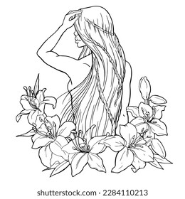Graphic drawing by hand. Image of a naked girl with a long female hairstyle and flowers. For the design of the site, business cards, hairdresser, labels for hair care products. Vector.