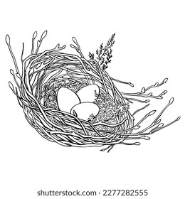 Graphic drawing by hand Vector. Image of a nest with bird eggs from the HAIR DECORATION collection. For the design of websites, postcards, labels, coloring books, printing on textiles, dishes, mirrors