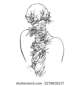 Graphic drawing by hand. Vector. Image of a female hairstyle for long hair with flowers from the HAIR DECORATION collection. For the design of sites, postcards, stickers, coloring books, printing.