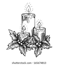 graphic drawing candles and holly berries and leaves. sketch freehand pen and ink