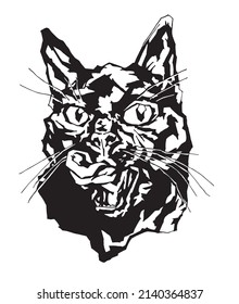 Dibujo gráfico del bozal de un gato lamiendo sus labios. Imagen vectorial para pegatinas, carteles, impresiones, ilustraciones, etc.