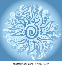 graphic drawing in a circle of blue color made with henna, curls, spirals, dots