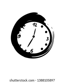 graphic drawing with a clock and brush stroke in a circle, black and white silhouette