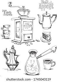 Grafische Zeichnung von Kaffee und Tee mit Kuchen