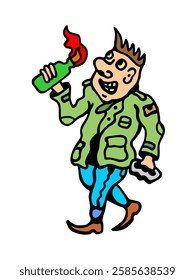 Graphic drawing of a colorful football hooligan, smiling and walking briskly and confidently, holding a burning incendiary mixture in his right hand and a metal brass knuckles in his left. He is dress