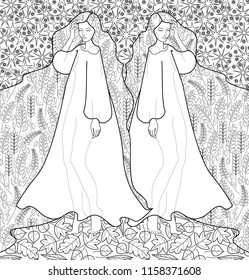 a graphic drawing depicting two girls of twins, personifying the sign of the zodiac Gemini