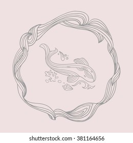 Graphic drawing. Fish isolated in the frame of the sea waves.
