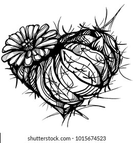 Graphic drawing of a flowering cactus in the form of a heart. The heart-cactus blossomed.