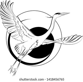 Graphic drawing of a flying big bird. Great blue heron on background with circles. Vector