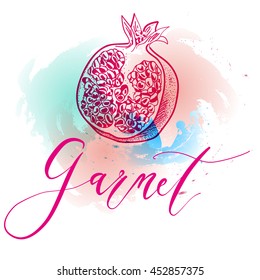 Graphic drawing garnet with calligraphic inscription on a watercolor background