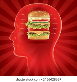 Graphic drawing of a human brain with a hamburger inside.