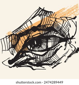 Graphic drawing of the human eye. Sketch of part of the face. Hand drawing