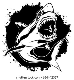 Graphic drawing ink aggressive shark with open mouth