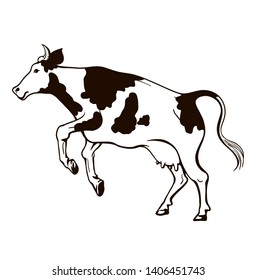 graphic drawing of a jumping cow on a white background