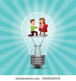 Graphic drawing of a light bulb with a couple inside.