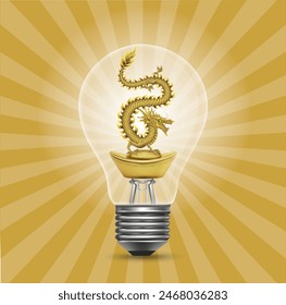 Graphic drawing of a light bulb with gold dragon inside.