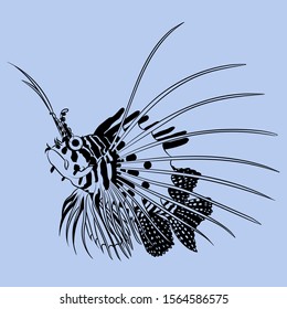 Graphic drawing. Lionfish on blue background. Vector illustration.