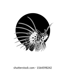 Graphic drawing. Lionfish (Pterois volitans) in black circle. Vector illustration.