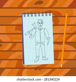 Graphic drawing of lumberjack with axe in a notebook