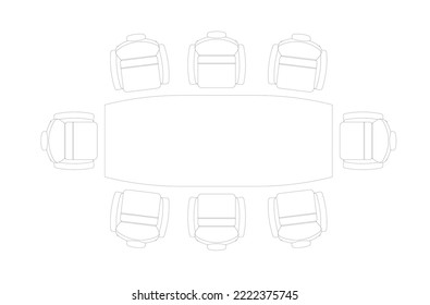 Graphic drawing of a meeting or conference table with chairs from above. Black and white 2D drawing using CAD. 