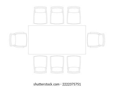 Graphic drawing of a meeting or conference table with chairs from above. Black and white 2D drawing using CAD. 