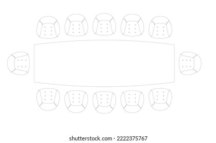 Graphic drawing of a meeting or conference table with chairs from above. Black and white 2D drawing using CAD. 
