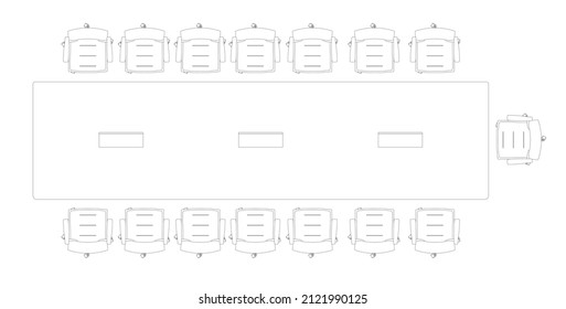 Graphic drawing of a meeting table with chairs from above. Black and white 2D drawing using CAD.