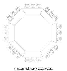 Graphic drawing of a meeting table with chairs from above. Black and white 2D drawing using CAD.