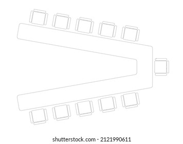 Graphic drawing of a meeting table with chairs from above. Black and white 2D drawing using CAD.
