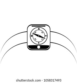 graphic drawing of modern wrist electronic watch with compass on bracelet.