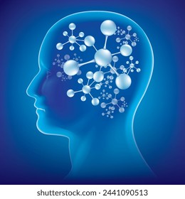Graphic drawing of a molecule that is inside a person's head.