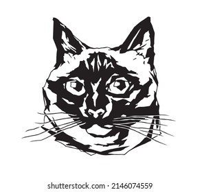 Graphic drawing of the muzzle of a Siamese cat isolated on a white background. Black and white vector image for stickers, banner, print, design.
