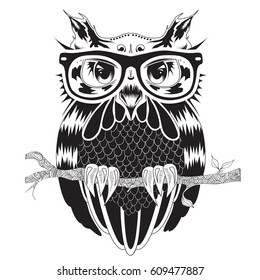 Graphic drawing of owl in hipster glasses, tattoo design, vector illustration