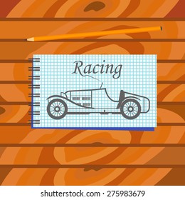 Graphic drawing of racing car in a notebook