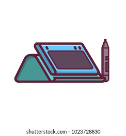 Graphic drawing tablet with stand and stylus icon in flat design. Line-art digital designer device isolated on white. 2d perspective view.