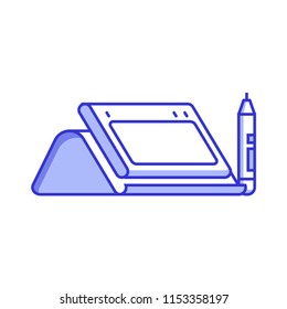 Graphic drawing tablet with stand and stylus icon in flat design. Line-art digital designer device isolated on white. 2d perspective view.